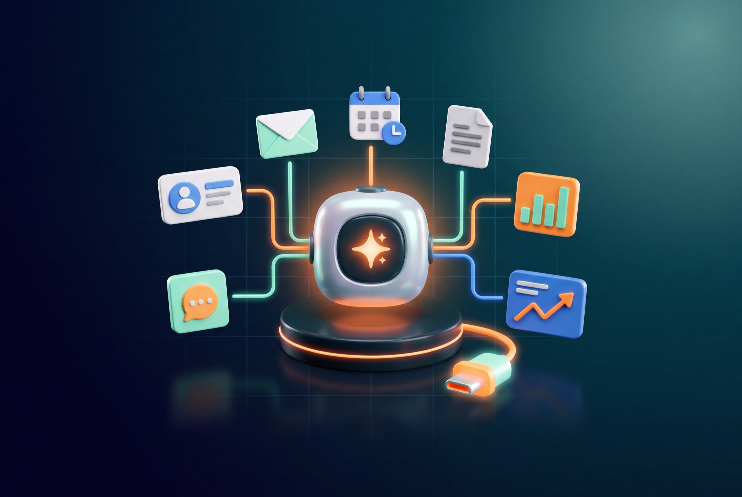 AI asistent propojený přes jeden konektor s CRM, e-mailem, kalendářem, dokumenty, reklamou a analytikou